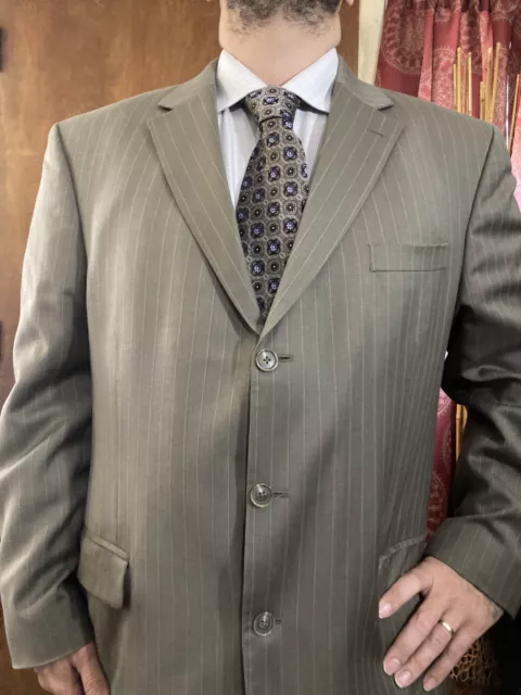 Stafford Mens Wool Suit 46R 49 38x28 Beige Stripe Jacket Sport Coat Blazer Pants