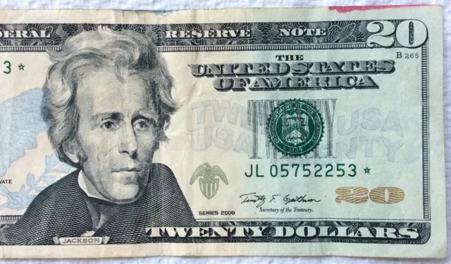 $20 Dollar Bill Star Note series 2009 San Francisco neat low serial #JL05752253*