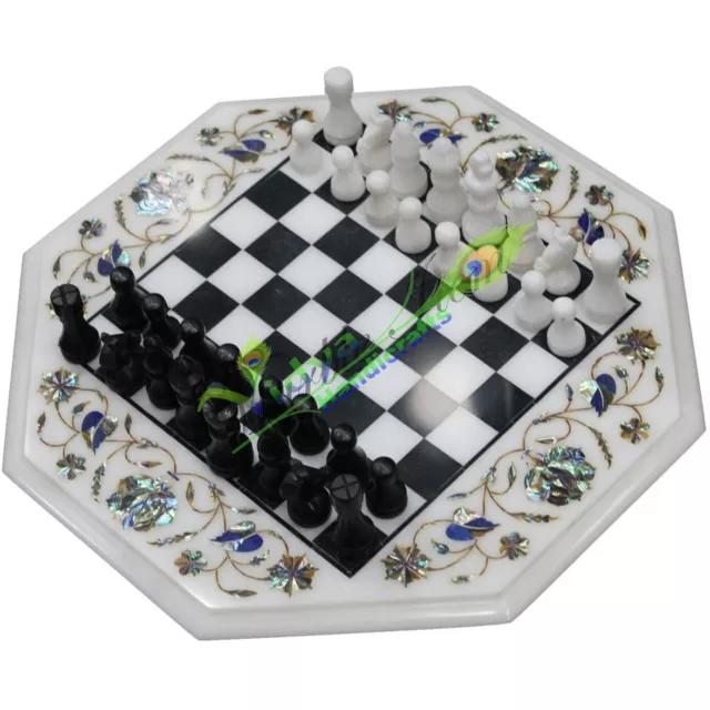 15" Marble Chess Table Top Abalone Shell Inlay Marquetry Floral Art Home Decor