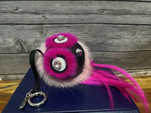 Auth FENDI Bugs Monster Bag Charm Pink & Black Fur/Leather/Rhinestone