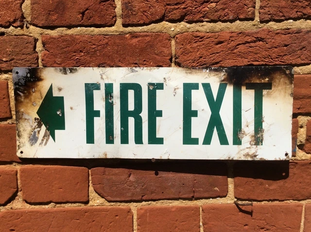 VINTAGE INDUSTRIAL METAL / TIN FIRE EXIT SIGN, 1960s/70s, DISPLAY PROP ITEM