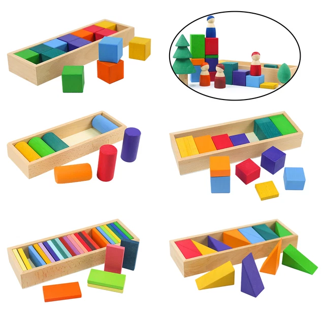 RAINBOW WOOD BLOCK Stacking Building Early Learning Montessori Toys for ...