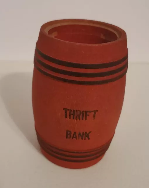 Vintage Wooden Barrel Thrift Bank 2.5"x3.5"H no lid