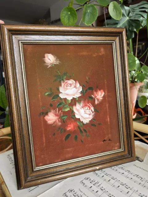 Vintage French Oil Painting on Velvet still Life Roses Wooden Frame 32 X 37 Cm