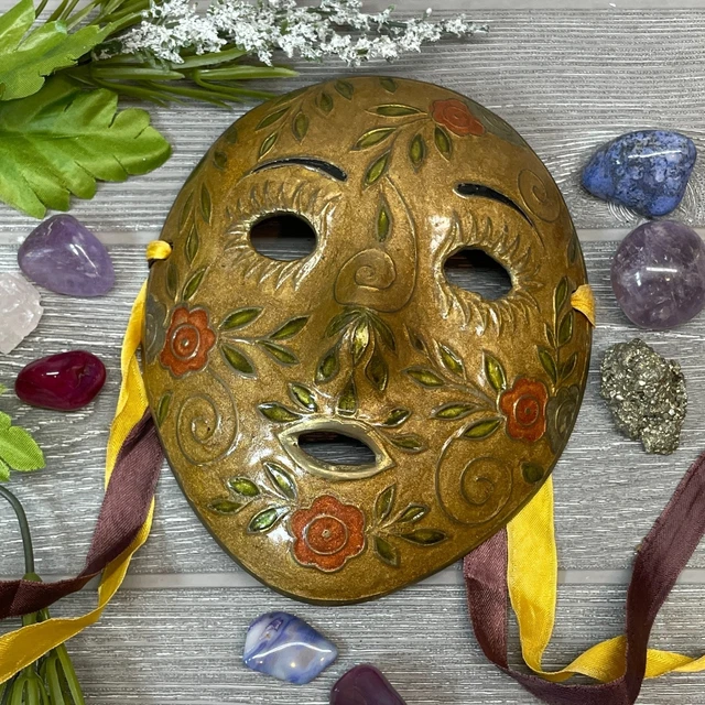 Solid Brass Face Mask Wall Plaque Decor with Enamel Paint with Ribbons