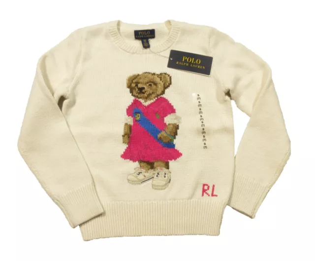 NWT $165 POLO RALPH LAUREN Girls 6X Polo Bear Sweater intarsia knit  Cotton-Wool
