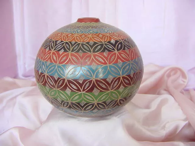 NATIVE NICARAGUA ART POTTERY LARGE 6” ORNATE HAND MADE SEED POT by N. MOLINA