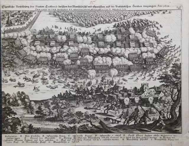 Schlacht bei Fleurus 1622. Schlachtplan in Kupferstich von M. Merian 1635