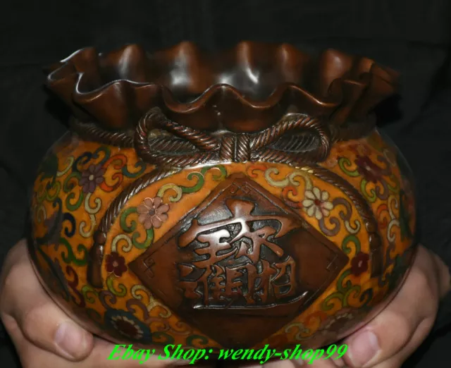 7" Old China Dynasty Marked Cloisonne  Bronze Wealth Coin Bag Jar Pot Crock