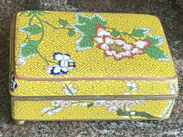 Old Cloisonné Yellow Floral Trinket Jewelry Box Footed