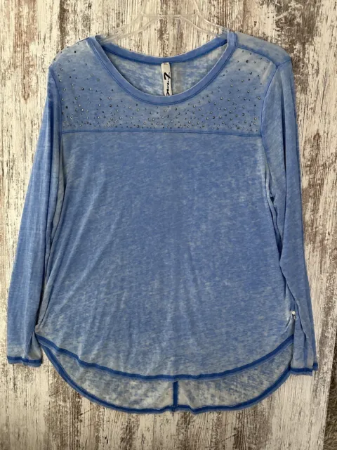 SEVEN7 Women's Size XL Light Blue Burnout Semi-Sheer Tee, Sequined, L/S