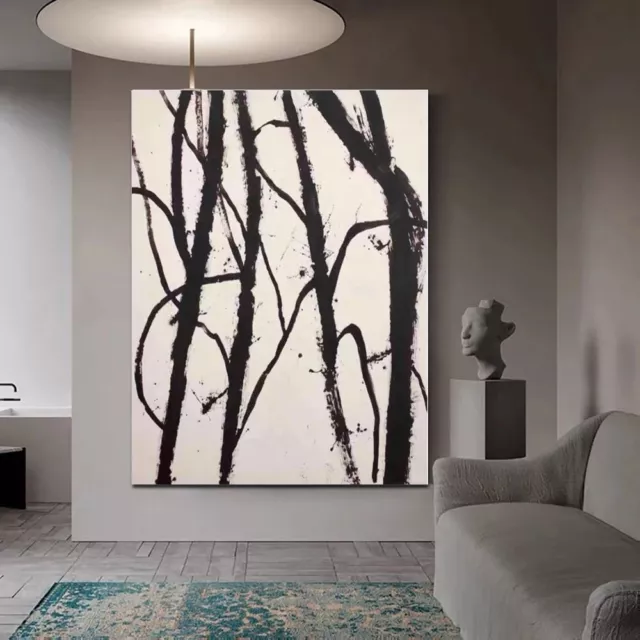 Abstract Minimalist Wall Art Black and Beige Artwork Hand Painted Texture