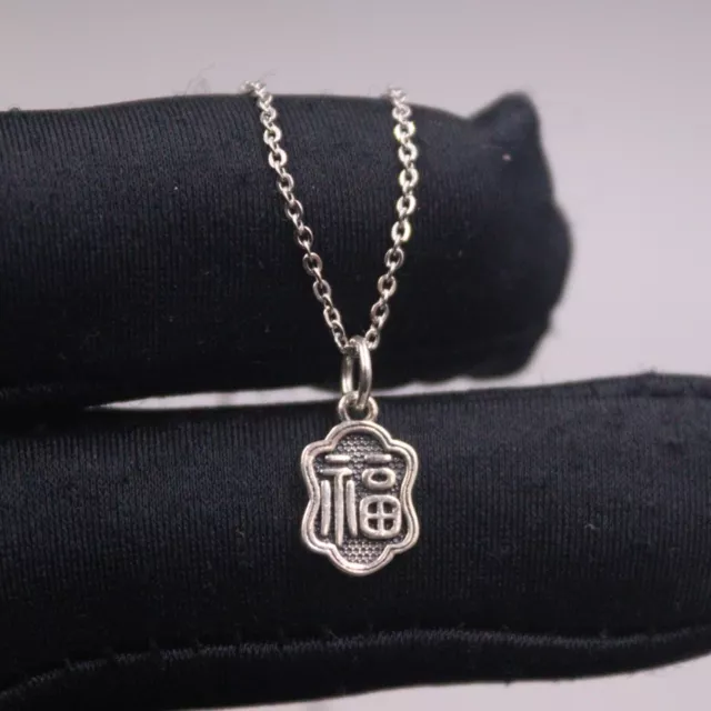 2PCS Real 925 Sterling Silver Men Women Lucky Chinese Character Fu Pendant