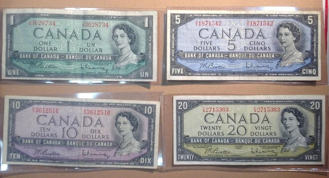 World Currency Canada Canadian 1954 Issue Elizabeth II Set $1 $5 $10 $20 Notes