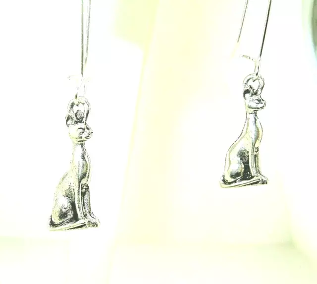 New  Egyptian CAT Goddess  Bastet  Silver-tone Drop Dangle Earrings 1-9/16" Long