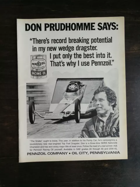 Vintage 1971 Pennzoil Racing Oil Don Prudhomme Full Page Original Ad 324