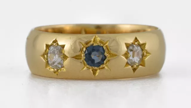 ANTIQUE VICTORIAN 18CT Gold Sapphire Diamond Gypsy Ring, 1893, Heavy 8. ...