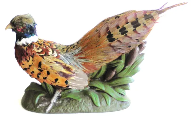 Vintage Ceramic Pheasant Figurine Holland Mold w/Real Feathers Bird Statue 6"x9"