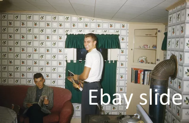 2 orig 1950s 35mm Kodachrome slides - Guys in Maine cabin