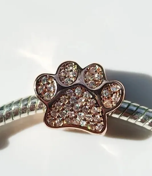 Rose Gold Crystal Paw Print Pet Charm Pendant BEAD SILVER S925 Fit Bracelet