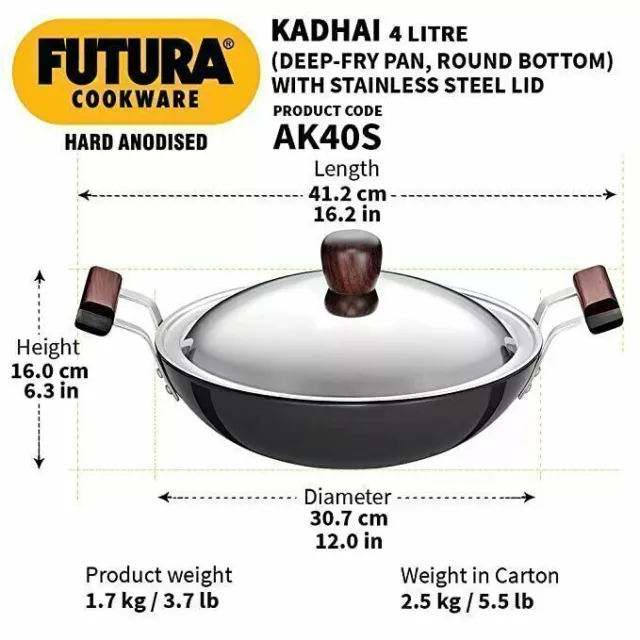 Hawkins Futura Hard Anodised Deep-Fry Pan / Kadhai (Round Bottom) with Stai 6103 3