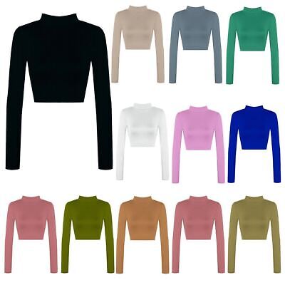 Womens Polo Neck Long Sleeve Petite Ribbed Stretch Plain Turtle T-Shirt Crop Top