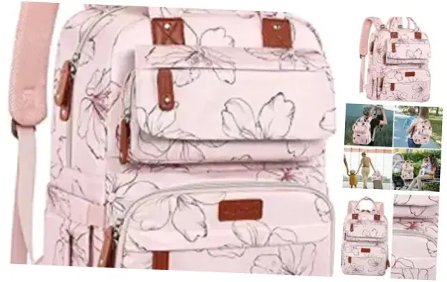 Floral Printed Diaper Backpack for Moms - Large Bag with Insulated Pink