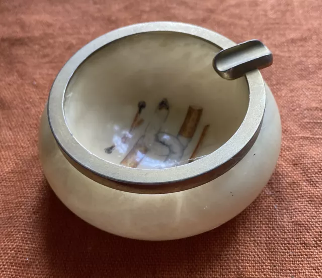 Vintage Ashtray With Brass Rim - Genuine Alabaster With Cigarette Design.