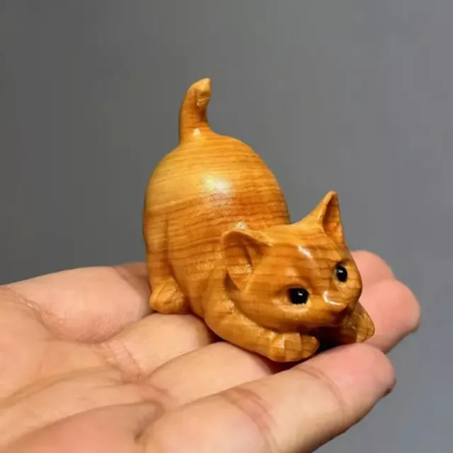 Little Cat Wood Carving Sculpture Figurine Statue Home Office Ornaments Decor UK