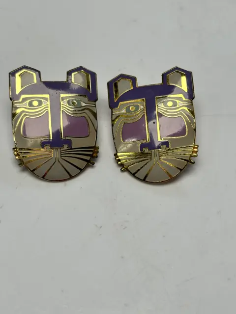 LAUREL BURCH "MIIKIO" Cat Tiger Stud Earrings Gold Tone & Purple Vintage EUC