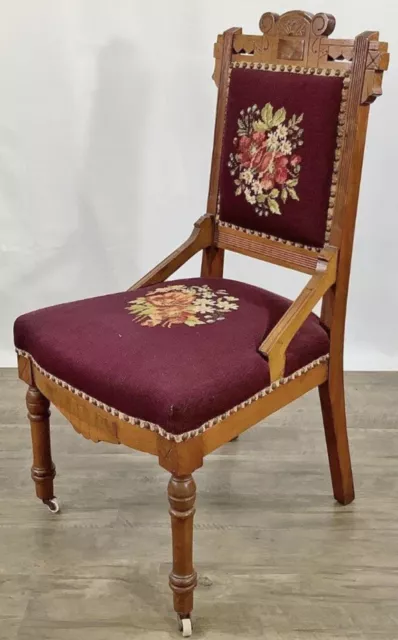 Antique Victorian EASTLAKE Walnut & Needlepoint Carved Fire Place Side Chair 2