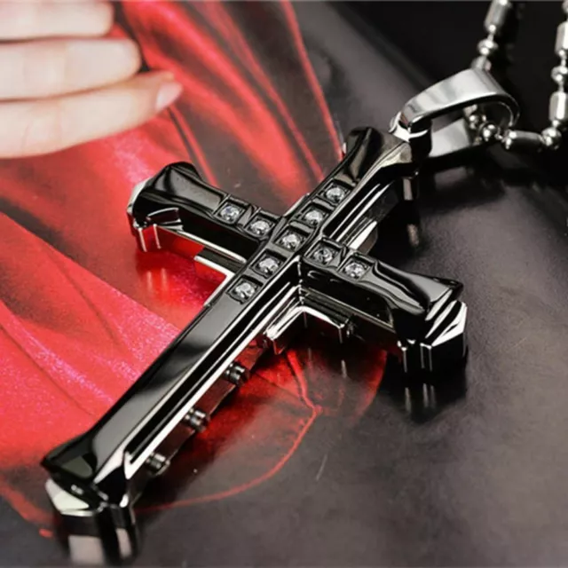 Mens Stainless Steel Pendant Crystal Cross Gold Black Cubic Zirconia Jewelry Gif