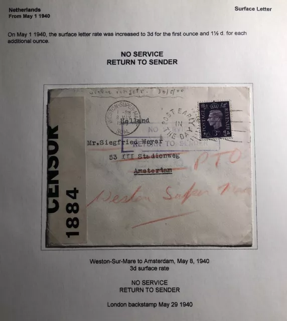 1940 Weston England No service Returned Censored Cover To Amsterdam Netherlands