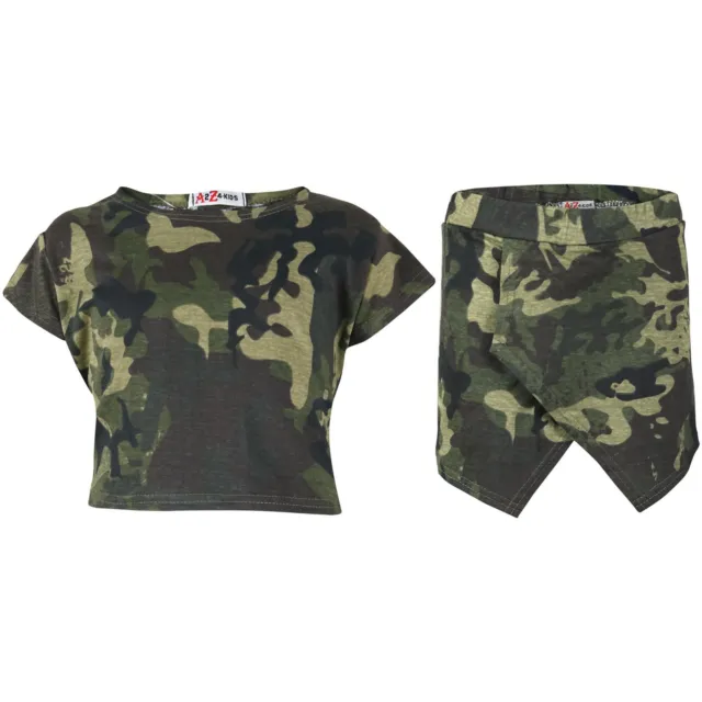Kids Girls Camo Green Crop Top & Skort Skirt Shorts Summer Clothing Sets 5-13 Yr