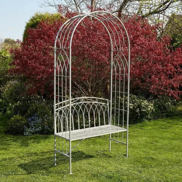 Garden Arch With Bench Seat Distressed Grey Metal Vintage Climbing Plants Arbour