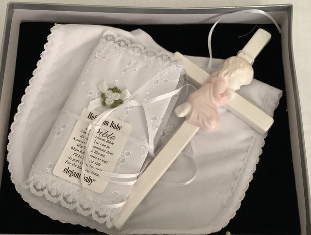Elegant Baby Baptismal Set Cross Bib Heirloom Bible Ceramic Baby Girl Cross NEW