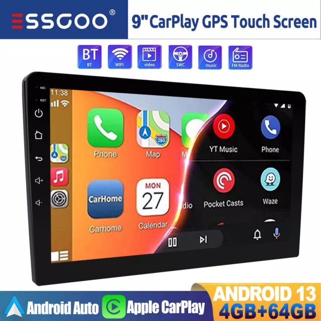 9" 4+64G Android 13 CarPlay Double DIN Car Stereo Radio GPS Head Unit IPS Screen