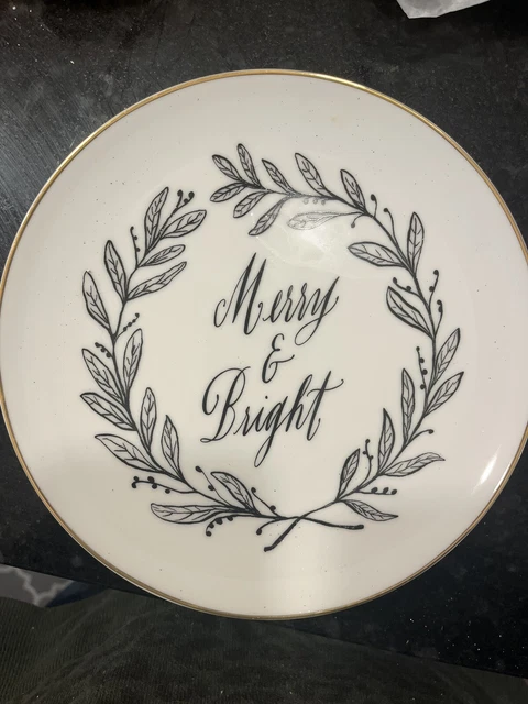 NEW Set Of 4 Mark and Graham Merry & Bright Christmas Holiday Gold Rim Plates
