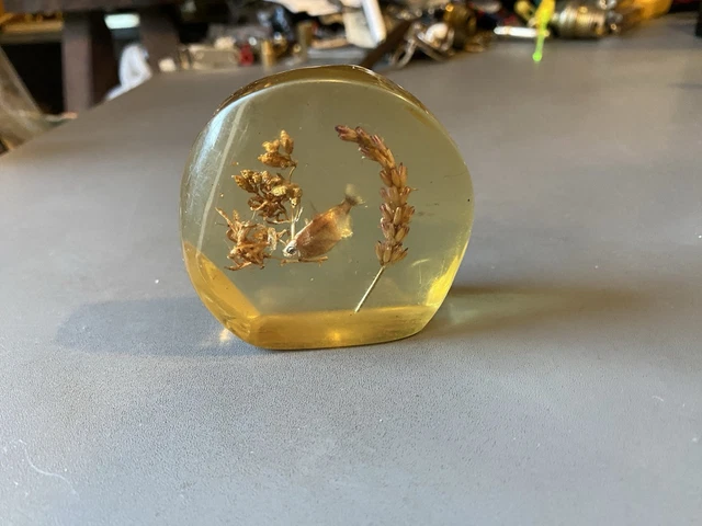 Pendentif Vintage Années 60 En Résine Orange Ambré Avec Inclusion D'un Poisson Exotique - Dimensions 5x3 Cm