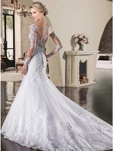 Sexy Backless Mermaid  Long Sleeve Backless Button Bridal Gown Wedding Gown