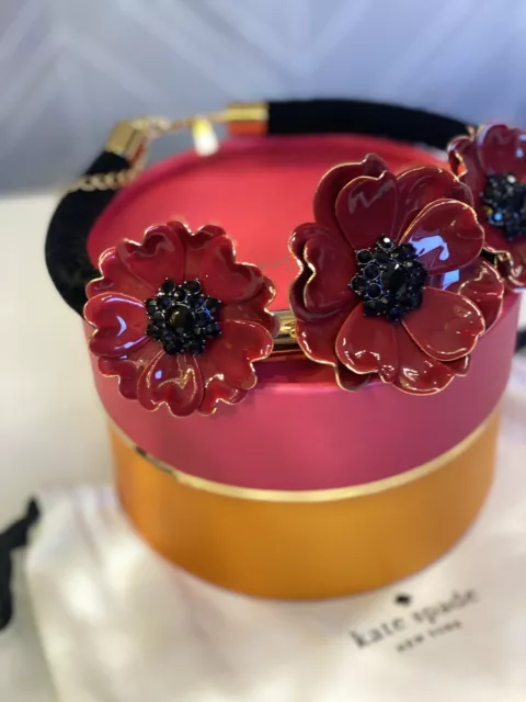 Kate Spade Necklace Red Enamel Poppies Black Velvet Statement Collar