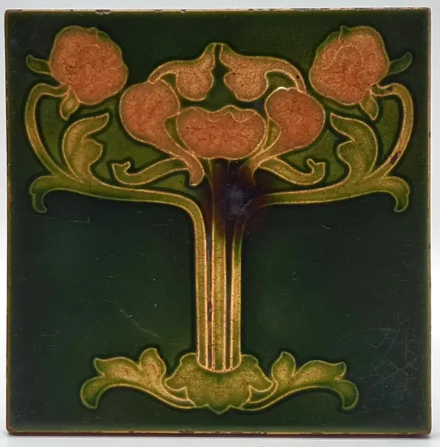Art Nouveau Fireplace Tile Orange Tulip Poppy Flower Ollivant C1900