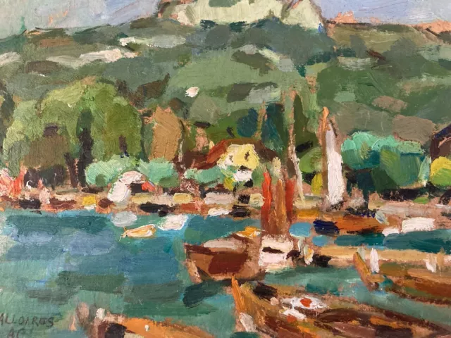 Belle Peinture Sur Papier Carton Annecy Lac Talloires A Identifier Bateau Art