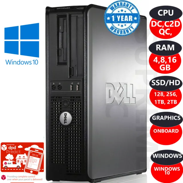 Dell Quad Core Pc 8Gb Ram 256Gb Ssd 2Tb Hdd Desktop Tower Windows 10 Wi-Fi