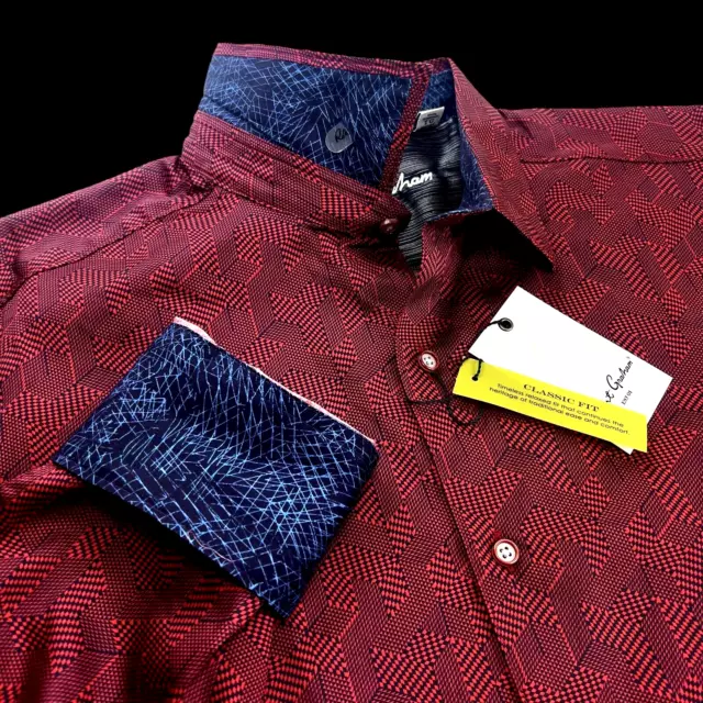 Robert Graham Geometric Paisley Dotted Red Burgundy Blue Sport Shirt XL