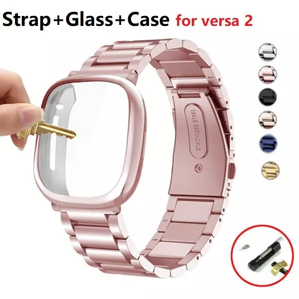 Metal Stainless Steel Watch Band Strap+Glass+Case Cover For Fitbit Versa 2