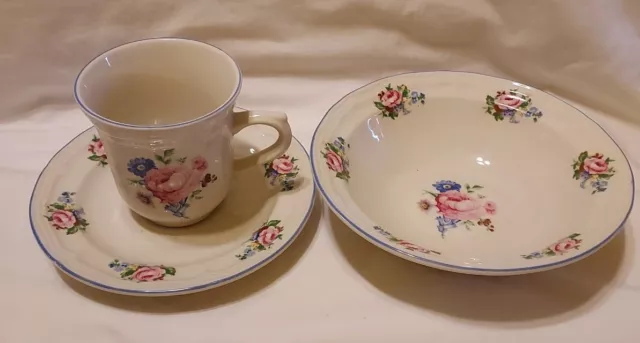Victorian Rose Set Style Embossed Floral Blue Rim Stoneware 3 Piece Set
