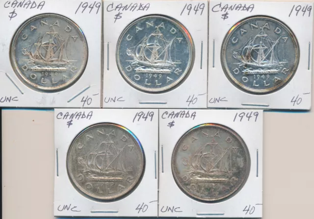 Canada Lot of 5 George VI Silver Dollars 1949 - All UNC grades