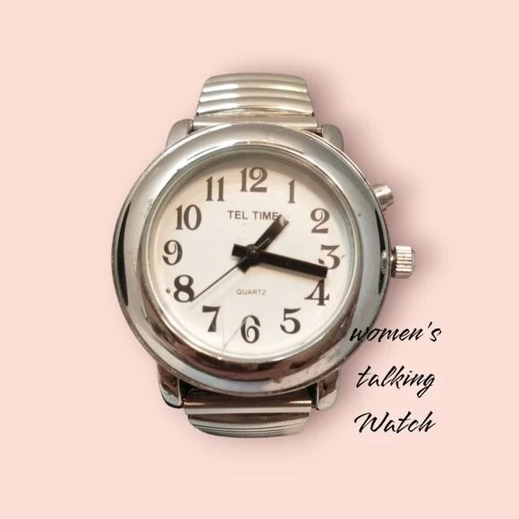 Watch Tel Time talking time silver tone stretch band