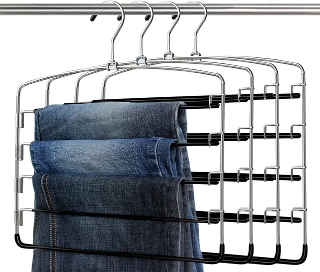 KLEVERISE 4 Pack Pants Hangers Space Saving, 5 Layer Tiered 4 Pack, Silver